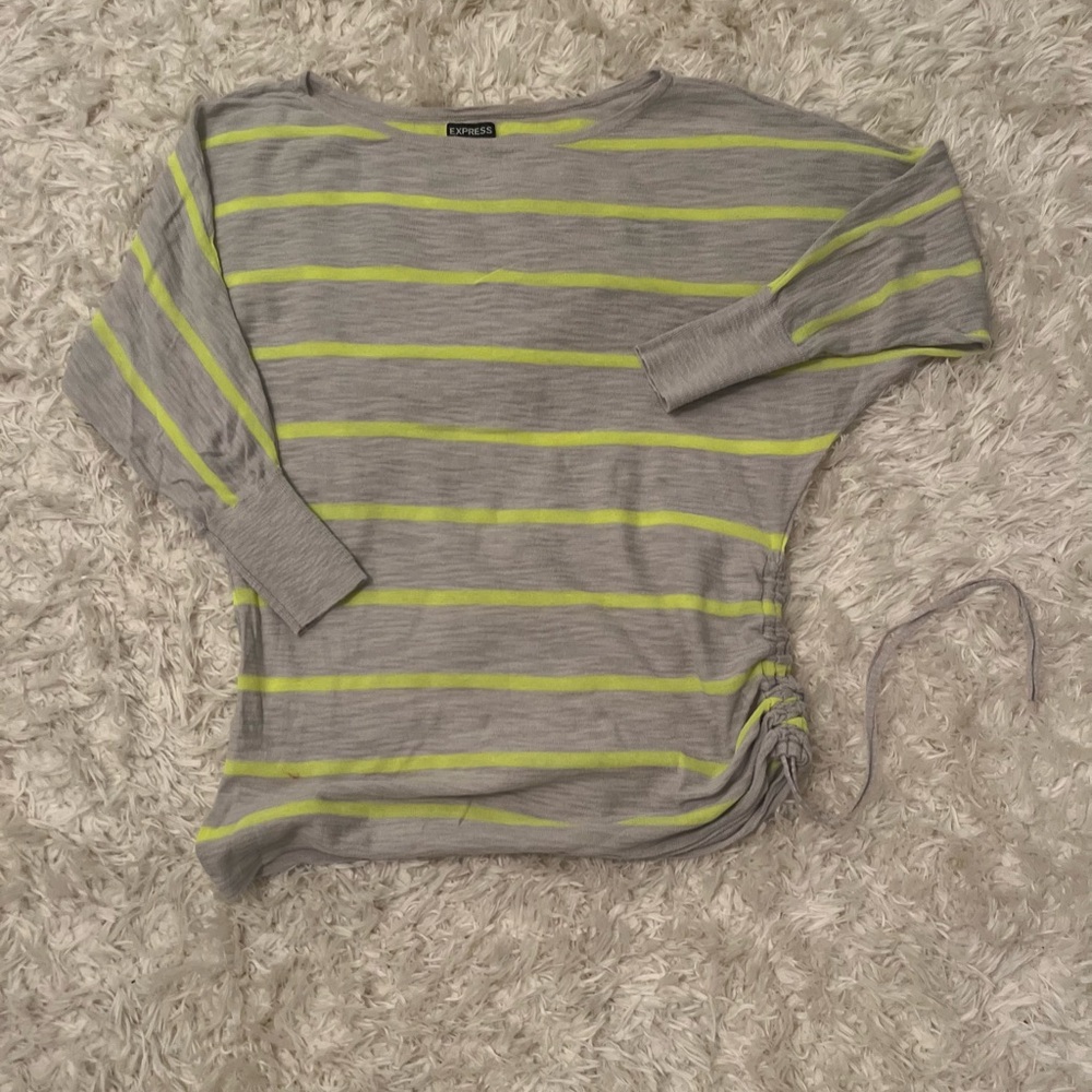 Women’s Med Express Brand Light Gray and Neon Yellow Striped Top